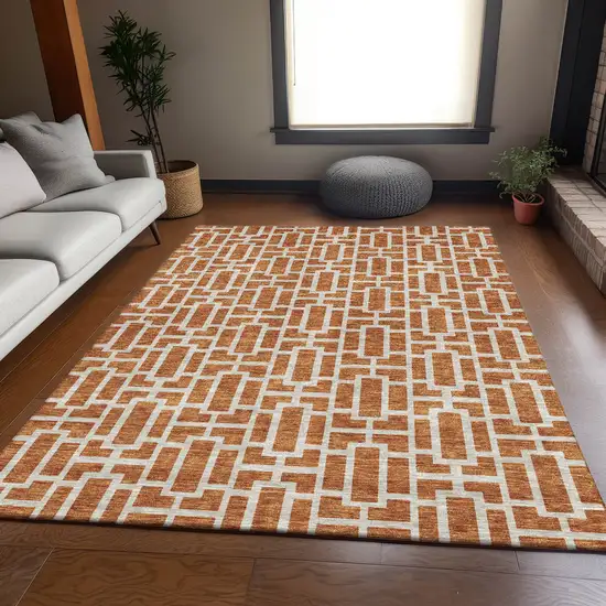 Terra Cotta And Beige Geometric Washable Area Rug With UV Protection Photo 6
