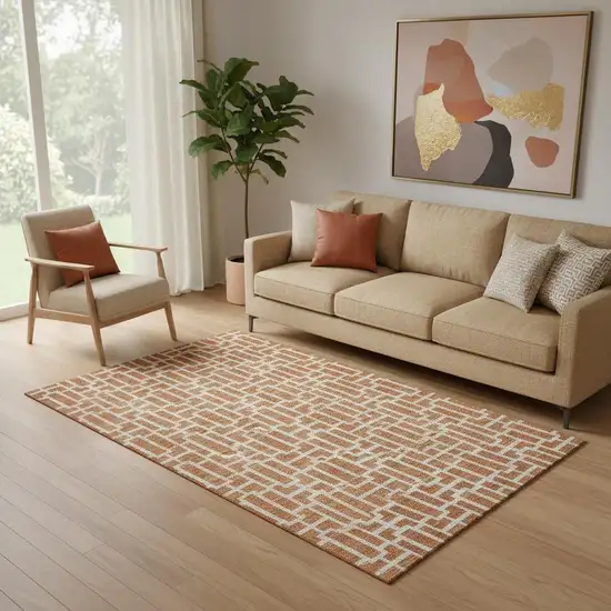 Terra Cotta And Beige Geometric Washable Area Rug With UV Protection Photo 1