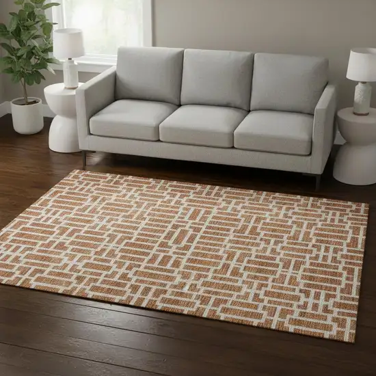 Terra Cotta And Beige Geometric Washable Area Rug With UV Protection Photo 2