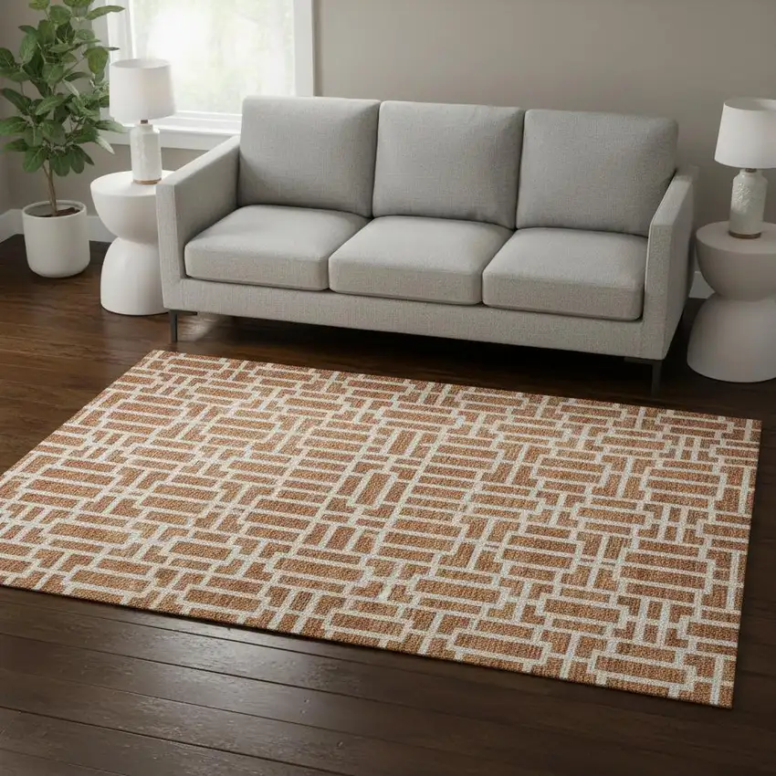 Terra Cotta And Beige Geometric Washable Area Rug With UV Protection Photo 2