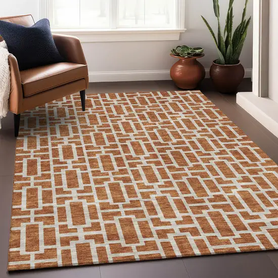 Terra Cotta And Beige Geometric Washable Area Rug With UV Protection Photo 5