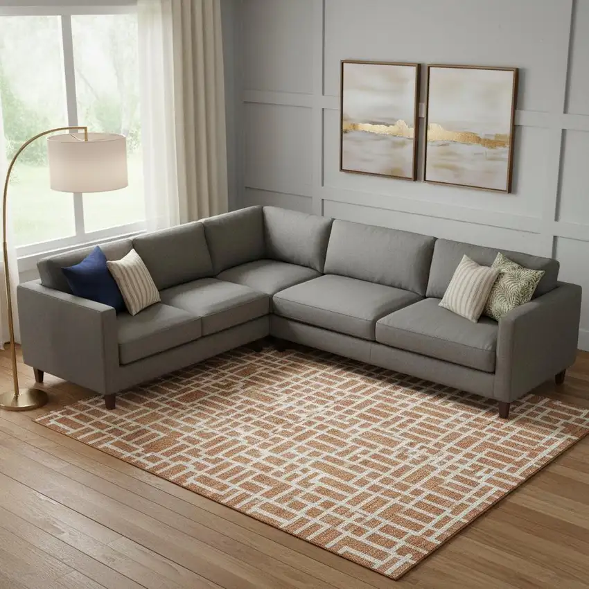 Terra Cotta And Beige Geometric Washable Area Rug With UV Protection Photo 1