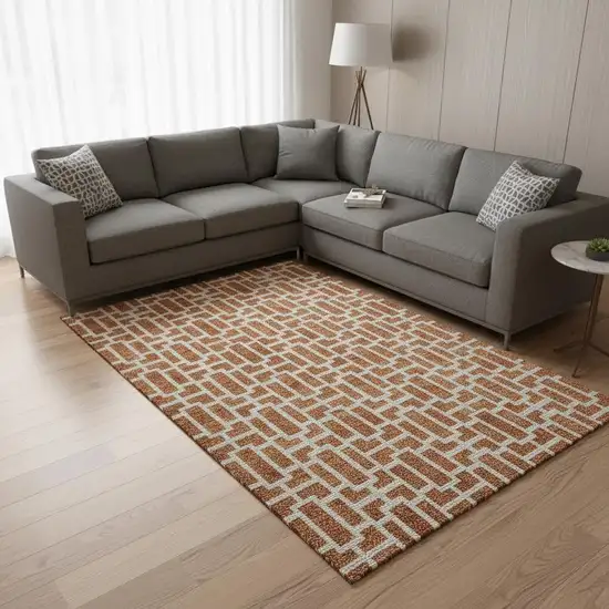 Terra Cotta And Beige Geometric Washable Area Rug With UV Protection Photo 2