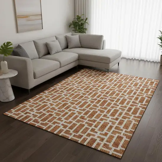 Terra Cotta And Beige Geometric Washable Area Rug With UV Protection Photo 2