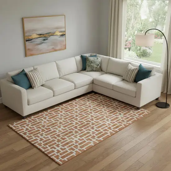 Terra Cotta And Beige Geometric Washable Area Rug With UV Protection Photo 1