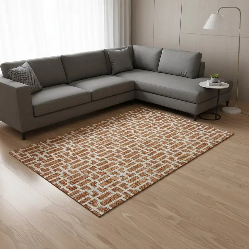 Terra Cotta And Beige Geometric Washable Area Rug With UV Protection Photo 2
