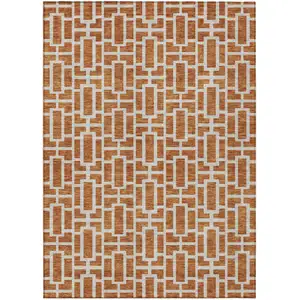 Photo of Terra Cotta And Beige Geometric Washable Indoor Outdoor Area Rug