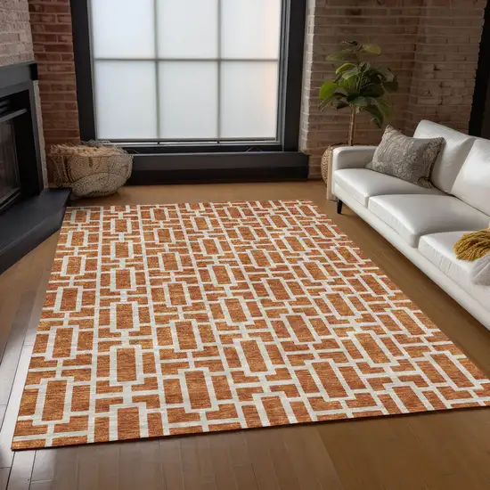 Terra Cotta And Beige Geometric Washable Indoor Outdoor Area Rug Photo 9