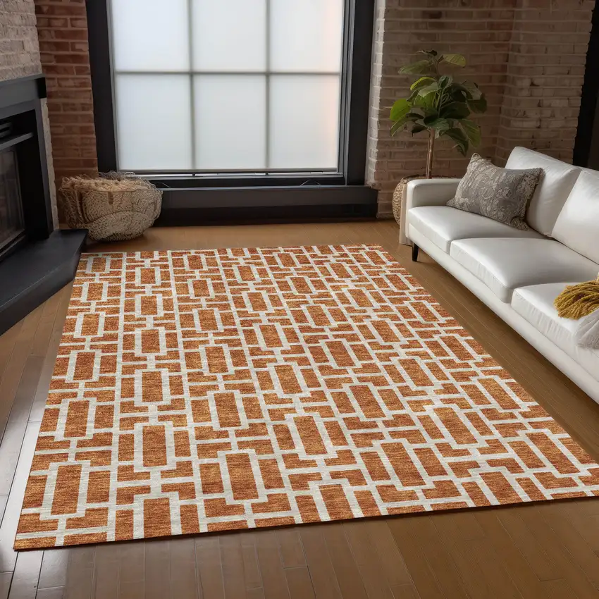 Terra Cotta And Beige Geometric Washable Indoor Outdoor Area Rug Photo 9