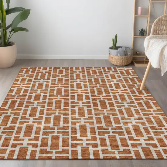Terra Cotta And Beige Geometric Washable Indoor Outdoor Area Rug Photo 8