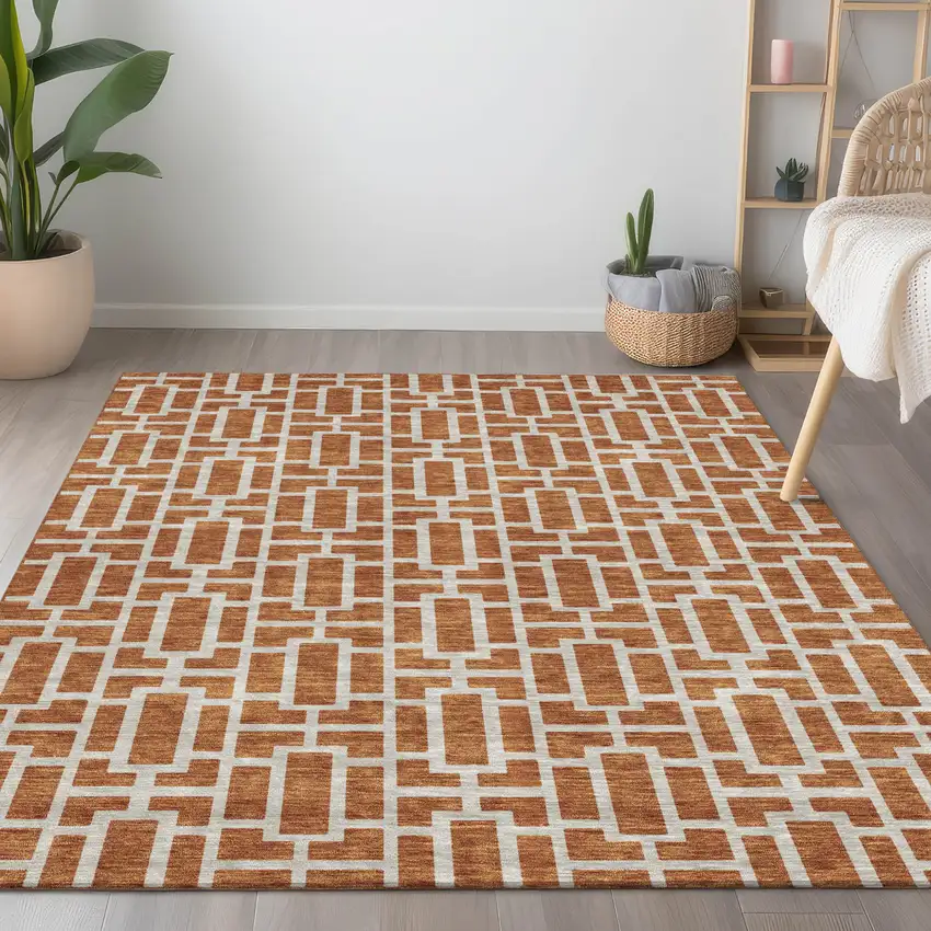 Terra Cotta And Beige Geometric Washable Indoor Outdoor Area Rug Photo 8