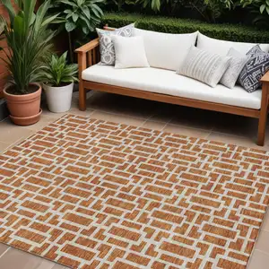 Photo of Terra Cotta And Beige Geometric Washable Indoor Outdoor Area Rug