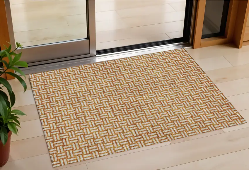 Terra Cotta And Beige Geometric Washable Indoor Outdoor Area Rug Photo 1