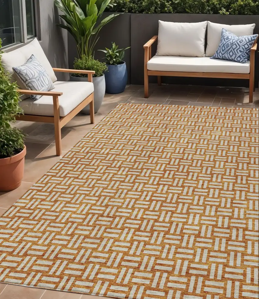 Terra Cotta And Beige Geometric Washable Indoor Outdoor Area Rug Photo 1