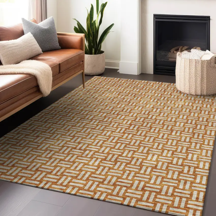 Terra Cotta And Beige Geometric Washable Indoor Outdoor Area Rug Photo 9