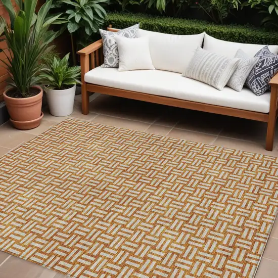 Terra Cotta And Beige Geometric Washable Indoor Outdoor Area Rug Photo 1