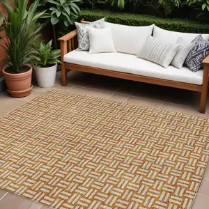 Photo of Terra Cotta And Beige Geometric Washable Indoor Outdoor Area Rug