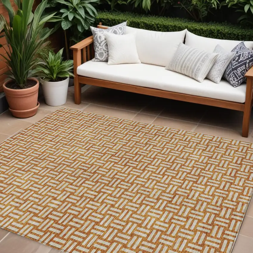 Terra Cotta And Beige Geometric Washable Indoor Outdoor Area Rug Photo 1