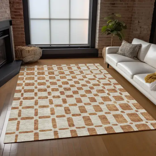 Terra Cotta And Beige Geometric Washable Indoor Outdoor Area Rug Photo 9