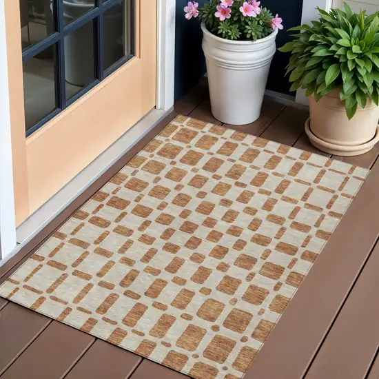 Terra Cotta And Beige Geometric Washable Indoor Outdoor Area Rug Photo 1