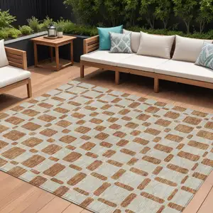 Photo of Terra Cotta And Beige Geometric Washable Indoor Outdoor Area Rug
