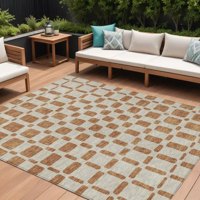 Terra Cotta And Beige Geometric Washable Indoor Outdoor Area Rug Photo 1