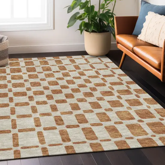 Terra Cotta And Beige Geometric Washable Indoor Outdoor Area Rug Photo 9