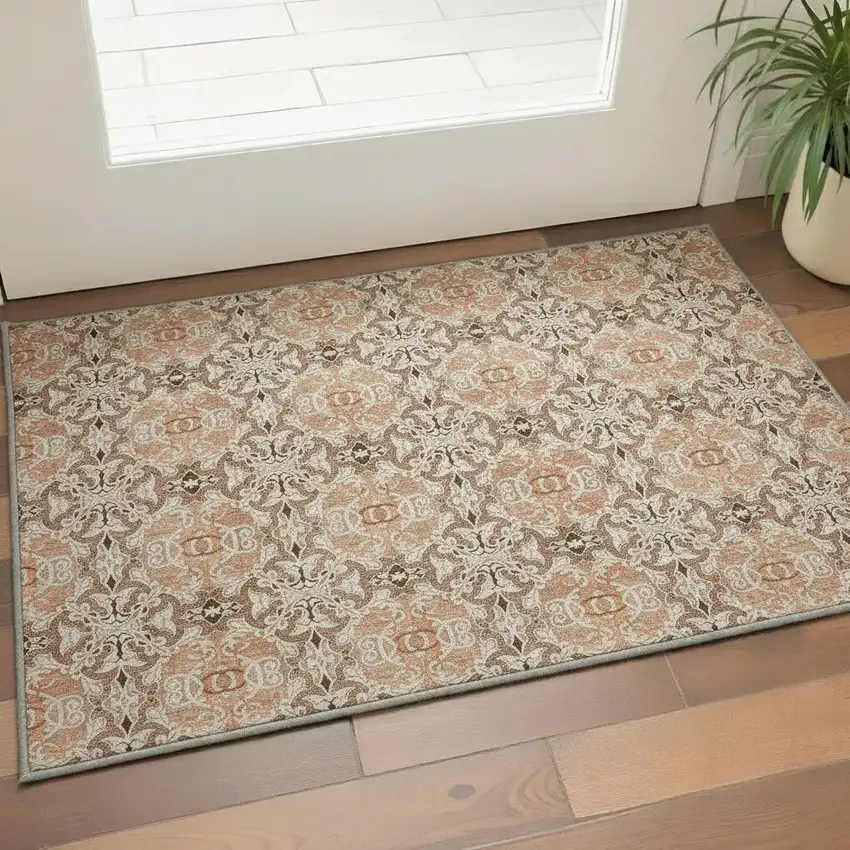 Terra Cotta And Beige Medallion Washable Area Rug With UV Protection Photo 2