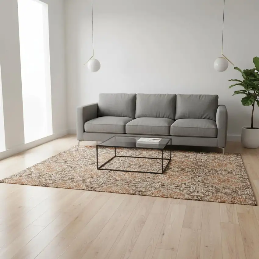 Terra Cotta And Beige Medallion Washable Area Rug With UV Protection Photo 2