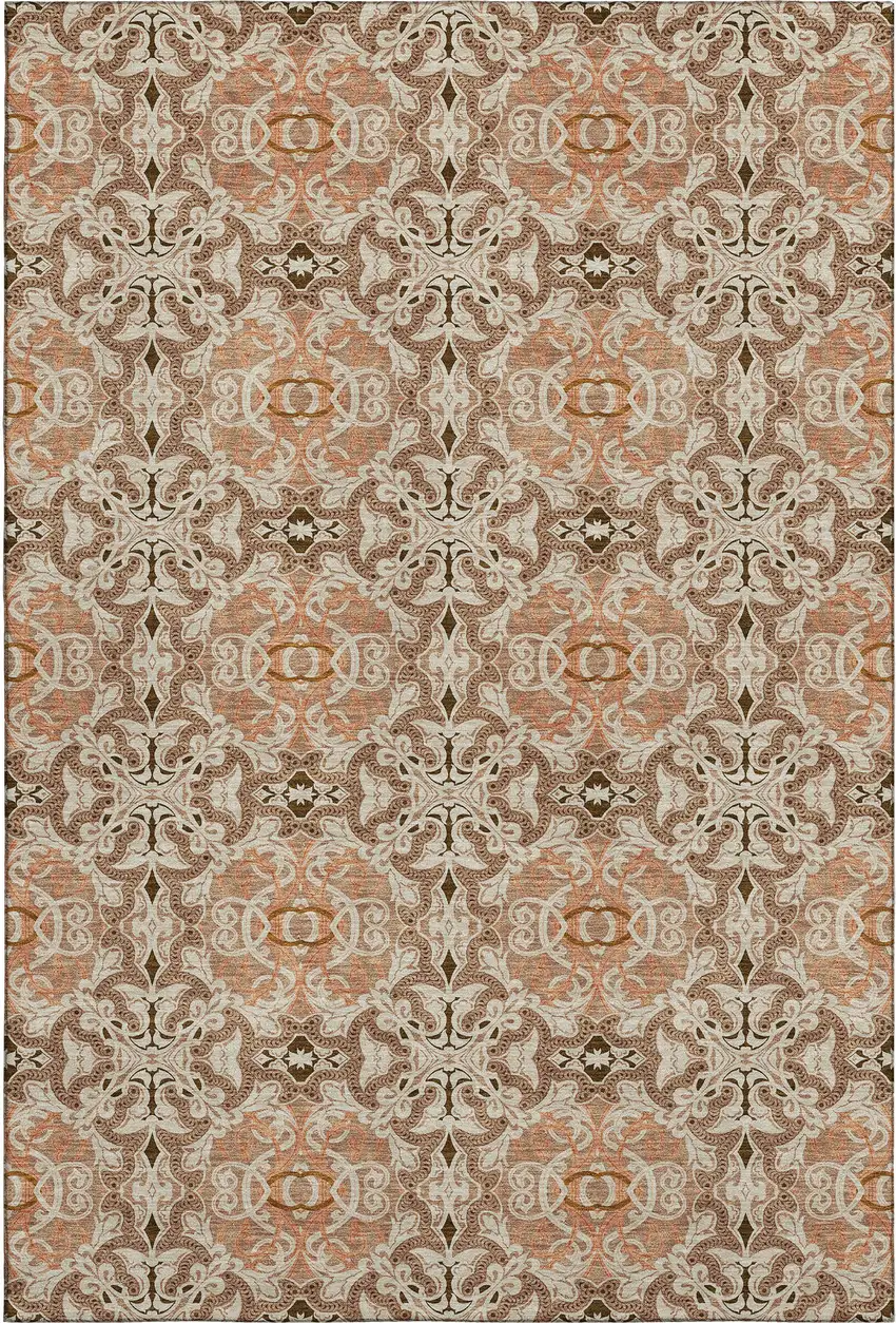 Terra Cotta And Beige Medallion Washable Area Rug With UV Protection Photo 1