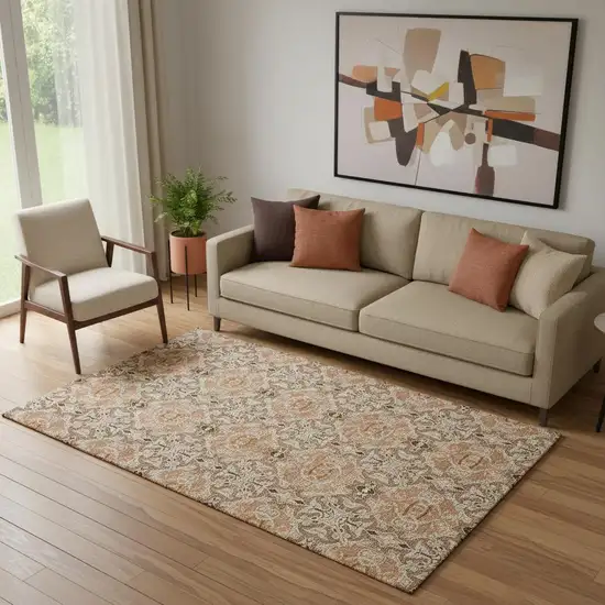 Terra Cotta And Beige Medallion Washable Area Rug With UV Protection Photo 1