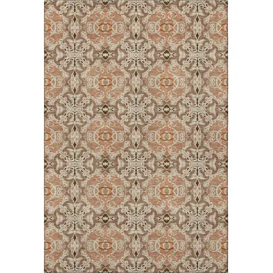 Terra Cotta And Beige Medallion Washable Area Rug With UV Protection Photo 4