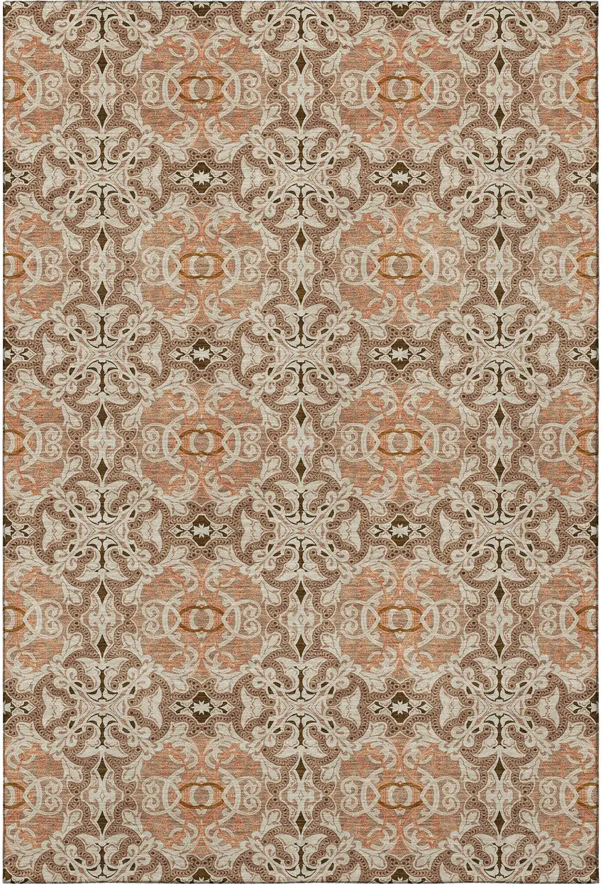 Terra Cotta And Beige Medallion Washable Area Rug With UV Protection Photo 4