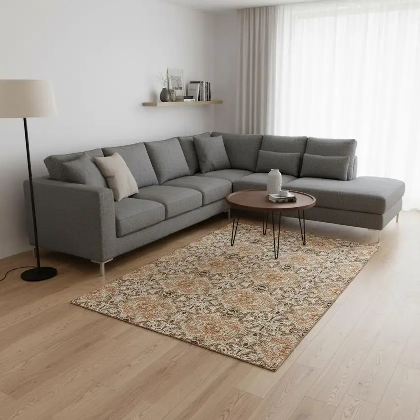 Terra Cotta And Beige Medallion Washable Area Rug With UV Protection Photo 2