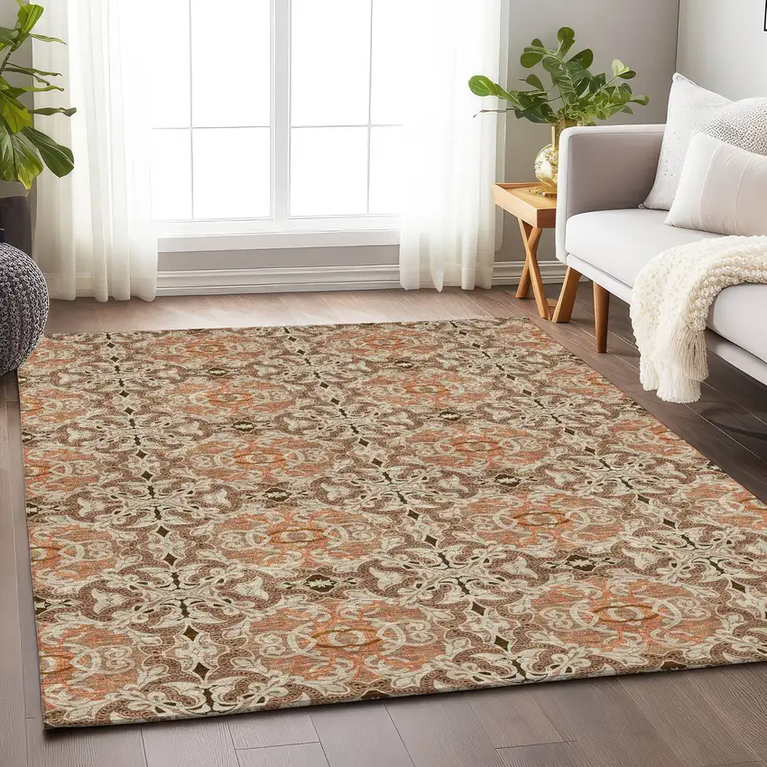 Terra Cotta And Beige Medallion Washable Area Rug With UV Protection Photo 7