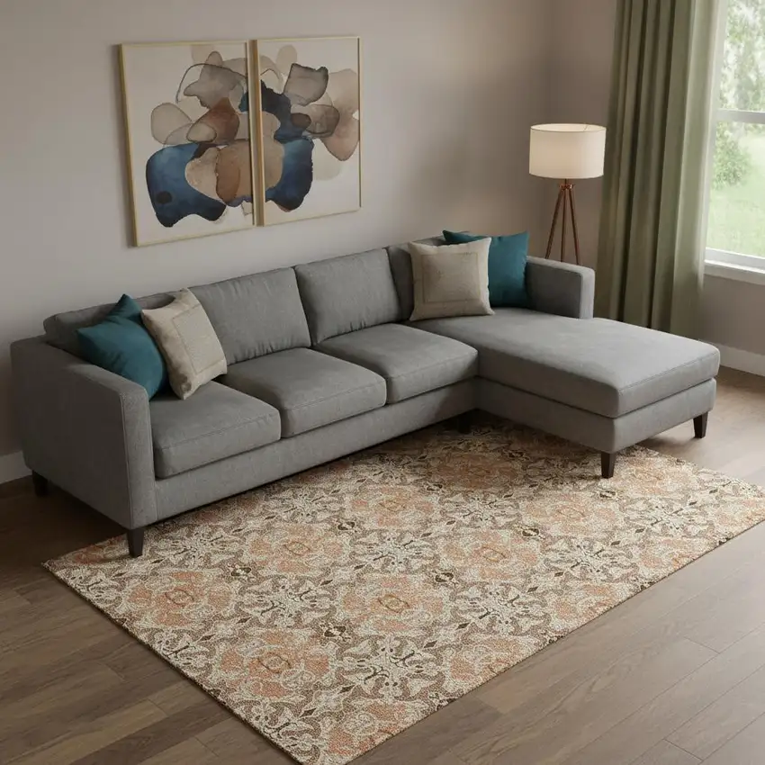 Terra Cotta And Beige Medallion Washable Area Rug With UV Protection Photo 1