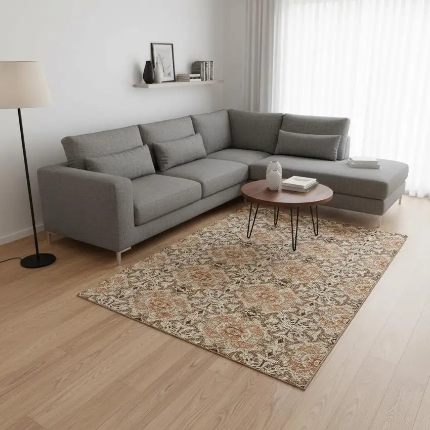 Terra Cotta And Beige Medallion Washable Area Rug With UV Protection Photo 2