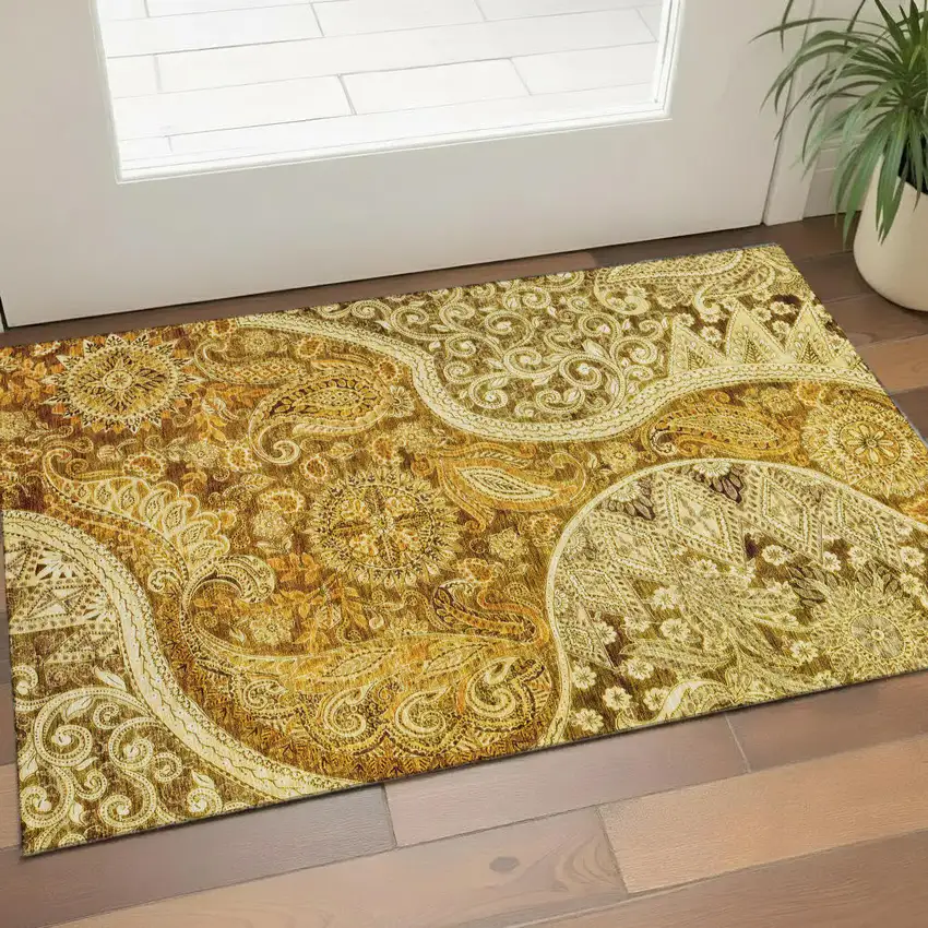 Terra Cotta And Beige Paisley Washable Area Rug With UV Protection Photo 1