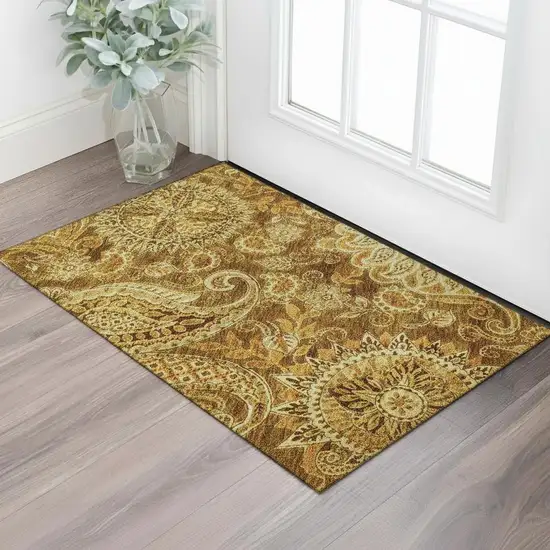 Terra Cotta And Beige Paisley Washable Area Rug With UV Protection Photo 2