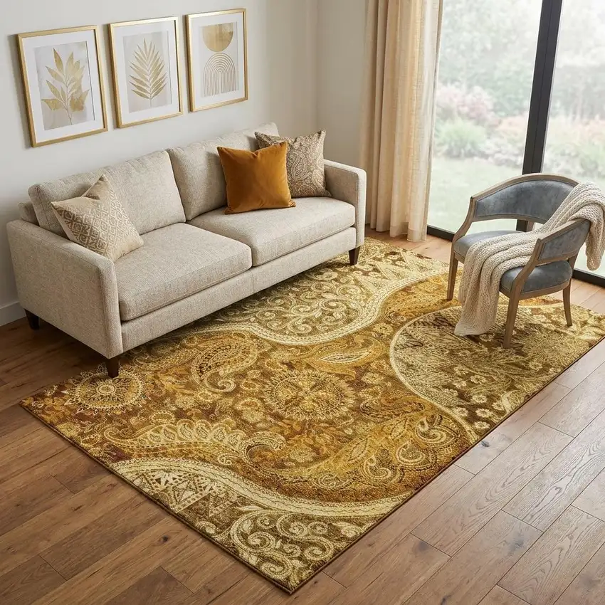 Terra Cotta And Beige Paisley Washable Area Rug With UV Protection Photo 1