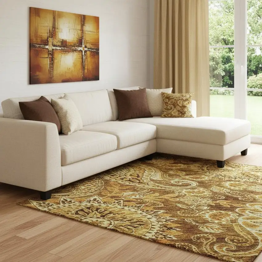 Terra Cotta And Beige Paisley Washable Area Rug With UV Protection Photo 2