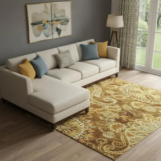 Terra Cotta And Beige Paisley Washable Area Rug With UV Protection Photo 2