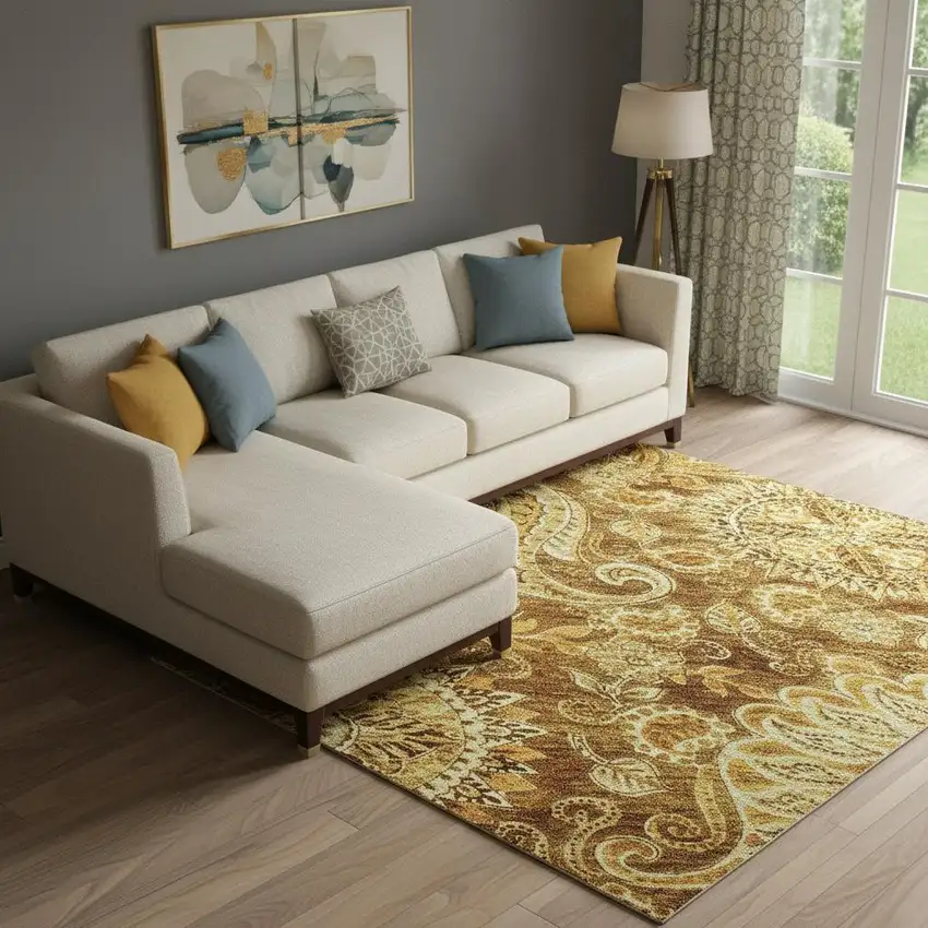 Terra Cotta And Beige Paisley Washable Area Rug With UV Protection Photo 2