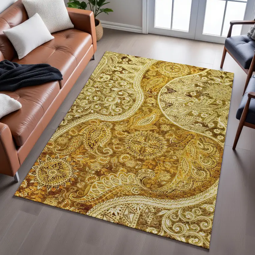 Terra Cotta And Beige Paisley Washable Area Rug With UV Protection Photo 3