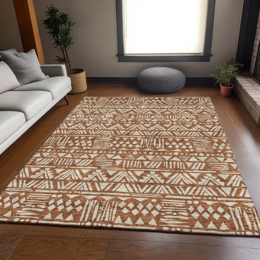 Terra Cotta And Beige Southwestern Washable Area Rug With UV Protection Photo 6