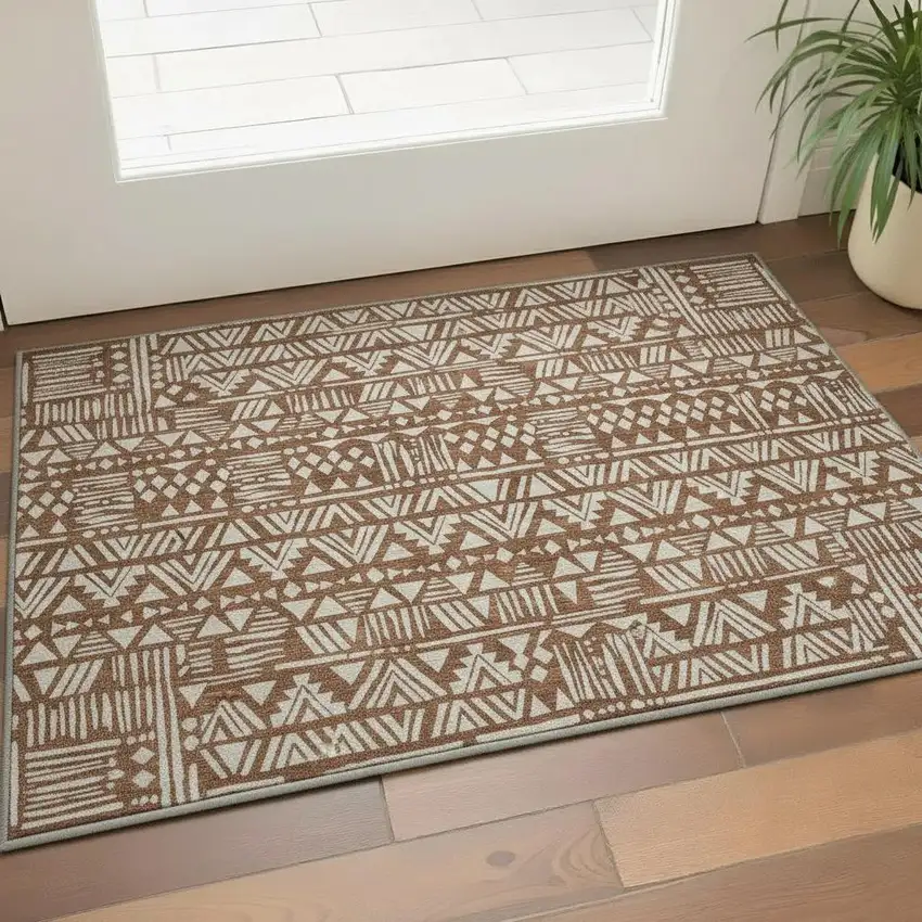 Terra Cotta And Beige Southwestern Washable Area Rug With UV Protection Photo 2