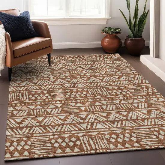 Terra Cotta And Beige Southwestern Washable Area Rug With UV Protection Photo 4