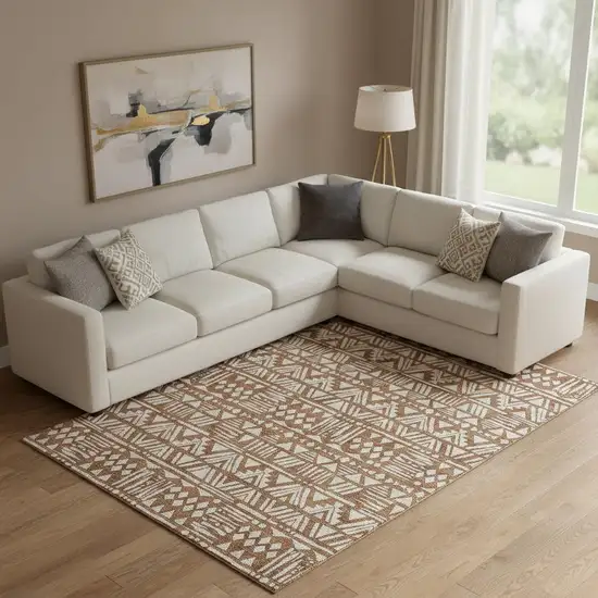 Terra Cotta And Beige Southwestern Washable Area Rug With UV Protection Photo 1