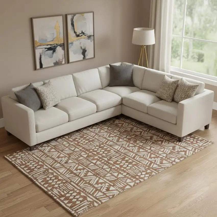 Terra Cotta And Beige Southwestern Washable Area Rug With UV Protection Photo 1