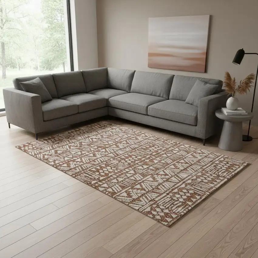 Terra Cotta And Beige Southwestern Washable Area Rug With UV Protection Photo 2